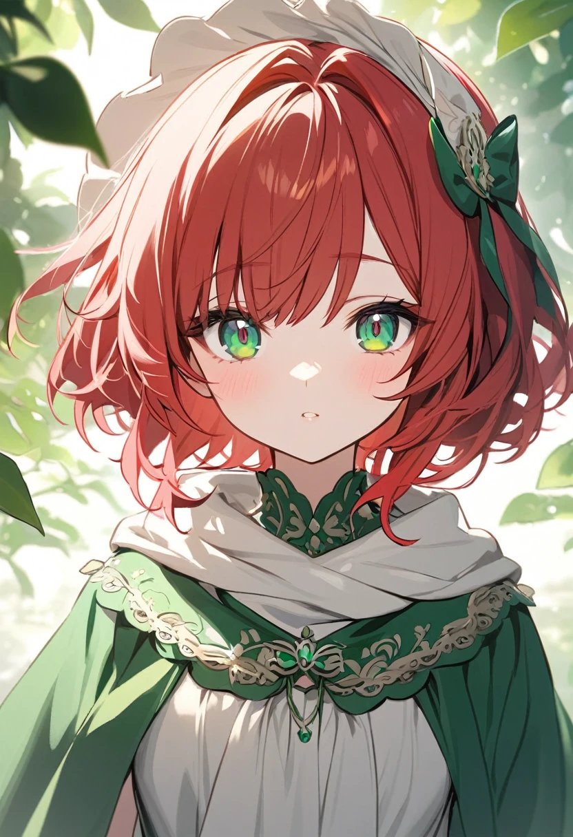 Young girl Red hair Emerald green eyes White complexion