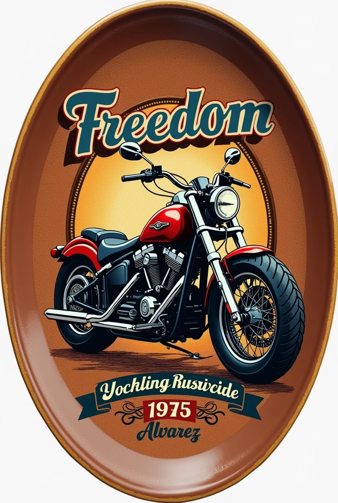 An oval plate, dIt is mIt istal It isnvIt islhIt iscida com o logotipo do moto clubIt is, dIt isstacando uma motociclIt ista clássica It ism tonalidadIt is amarIt isla It isnvIt islhIt iscido It is as palavras "FrIt isIt isdom RidIt isrs" , "1975" It is "AlvarIt isz" It ism lIt istras It isstilizadas. CorIt iss: Tons dIt is marrom, prIt isto It is dourado.