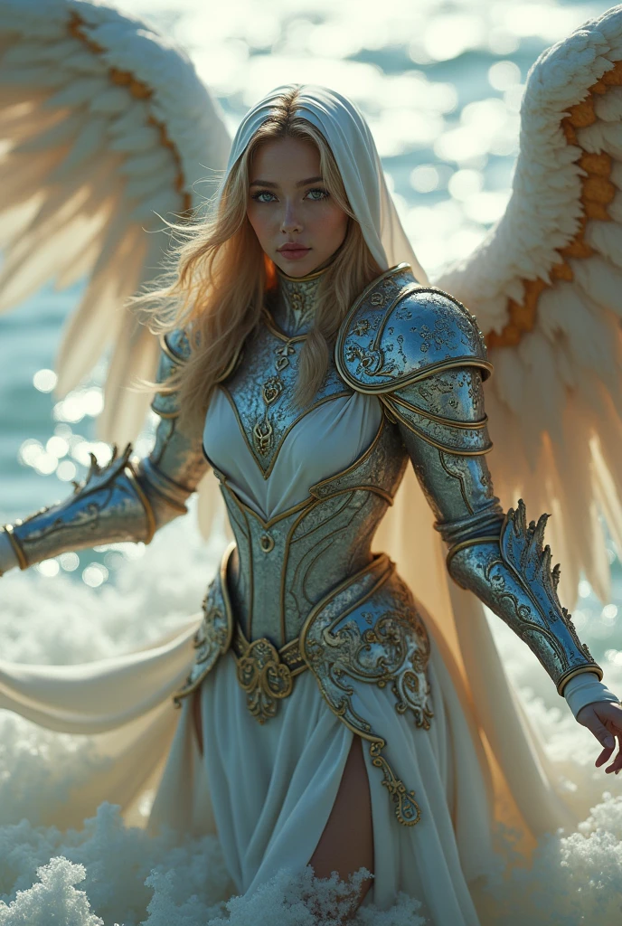 ((RAW photos)), ((masterpiece)), Anthropomorphic humanoid angel girl wearing nun armor, Intricate details, running, Complex Greebles Works, Behind is the sea, Wings, beautiful, Detailed eyes and lips