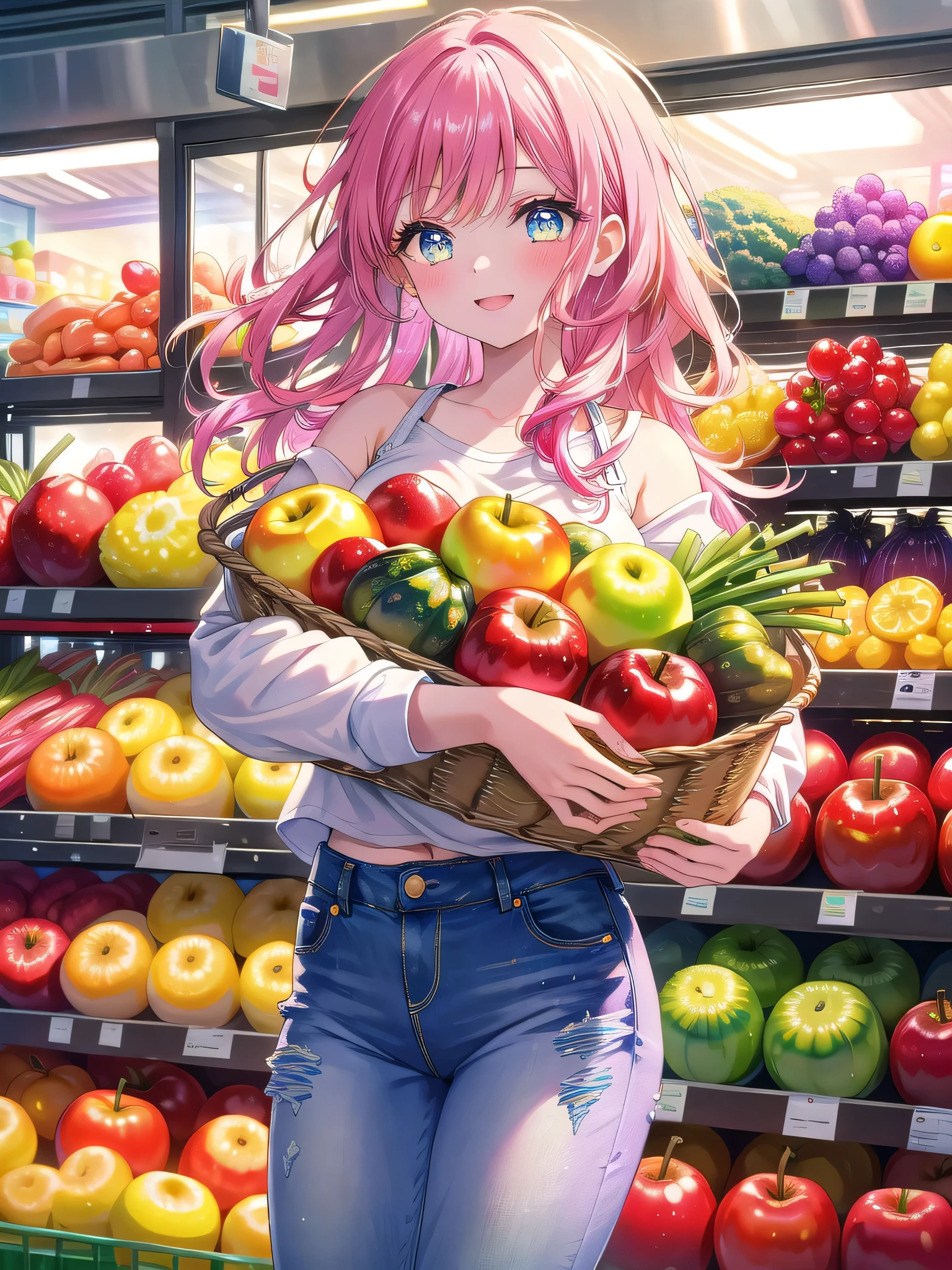 ((8k, Highest quality, masterpiece: 1.3)),Ultra-high resolution,(1 girl, alone), (Color changing eyes, Ultra-detailed, Expressive brilliance, Glitter, Glowing Eyes), Highly detailed eyes, Highly detailed face, Random Hair, ((pastel colour))Grocery Shopping Trip
The woman is in a grocery store, standing in front of a colorful display of fresh fruits and vegetables. She’s wearing a simple white tank top, high-waisted jeans, and comfortable sneakers, with her hair down in loose waves. She holds a basket in one hand, casually browsing through the produce with a thoughtful expression. The bright fluorescent lights of the store highlight the fresh, vibrant colors of the fruits and vegetables around her. She looks up at the camera with a playful smile, her eyes twinkling with amusement as she picks up a ripe apple and holds it up for her boyfriend to see. The store is bustling with activity, but in this moment, her focus is entirely on the playful interaction with the camera.