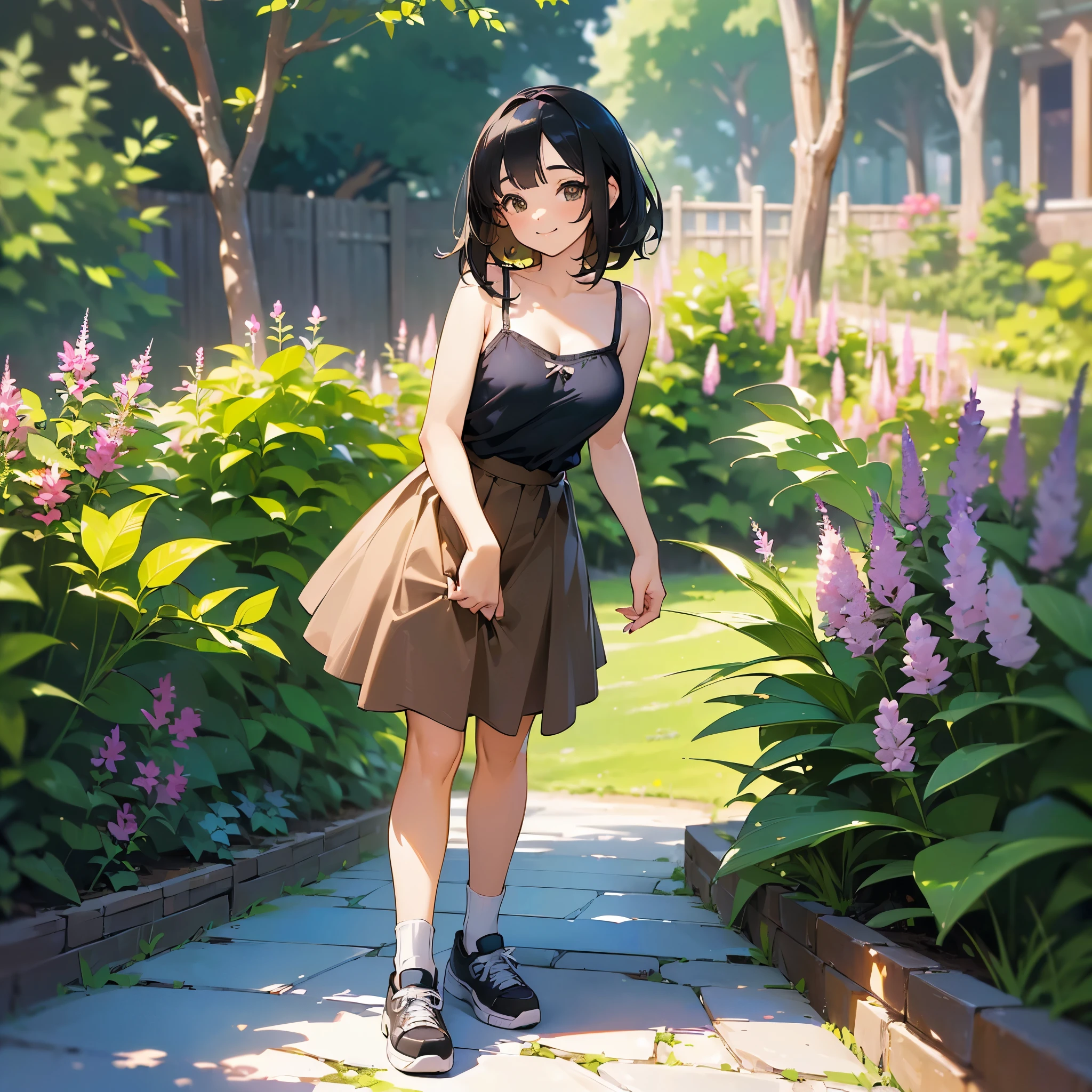 (high quality, High resolution, Very detailed, reality:1.37), Peaceful atmosphere, (Outdoor, garden), Teenage girl standing alone, (my breasts are big.), Beautiful details, Cute Smile, (Black bob hair), camisole, Brown Skirt, Blue socks, sneakers.