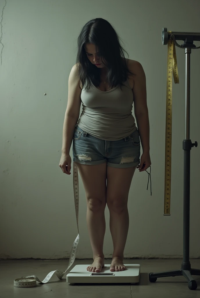 Image of a weight scale, tape measure and a crying woman