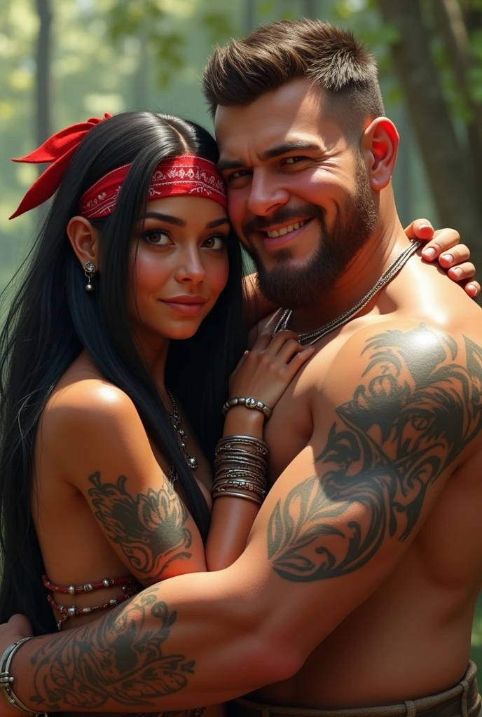 Image réaliste d'une femme amérindienne mince avec des cheveux longs et épais de couleur noire, un bandana rouge, et une peau bronzée. Elle a beaucoup des tatouages sur les bras et est dans les bras de son compagnon, qui est gros embonpoint avec un double menton et des joues prononcées. L'homme, d'origine européenne, a une peau légèrement bronzée, des cheveux bruns court rasé en dégradé, un visage rond avec des sourcils épais, des lèvres pleines, un nez droit, et un sourire radieux. L'homme ne possède aucun tatouage