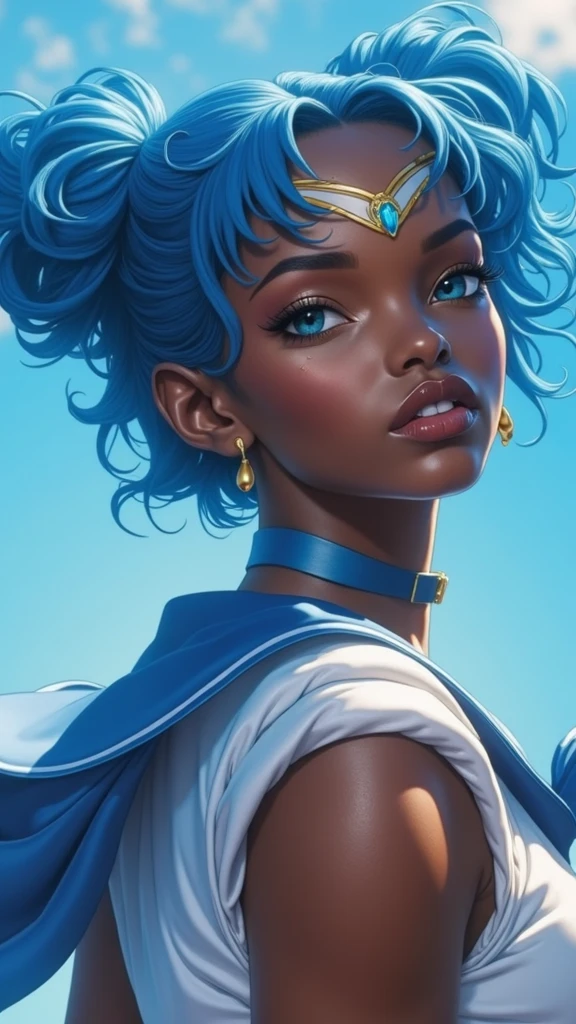 Sailor Mercury with blue hair and a blue cape on her head, (dark ebony skin:1.4), artgerm jsc, portrait knights of zodiac girl, extremely detailed artgerm, ross tran 8 k, in the style of ross tran, artgerm julie bell beeple, by Ross Tran, ross tran style, alena aenami and artgerm, inspired by Ross Tran, high quality, (RAW photo, best quality), (realistic, photorealistic: 1.4), (extremely delicate and beautiful: 1.4), amazing, fine details, masterpiece, ultra detailed, high resolution, best illustration, best shadow, intricate, ( extremely intricate: 1.2), (exquisitely detailed skin), cinematic light, perfect anatomy, (cool color: 1.4), sharp focus, 8k UHD, DSLR, (Fujifilm XT3),(dark ebony skin:1.4),( iluminación cinematográfica :1.4), ,(Fondo de ruinas de mazmorra en ruinas:1.4 ),( pose americano :1.4), (Sailor Mercury :1.4), (un uniforme con falda de color azul y moños celestes:1.4) .(85mm F/1.4)
