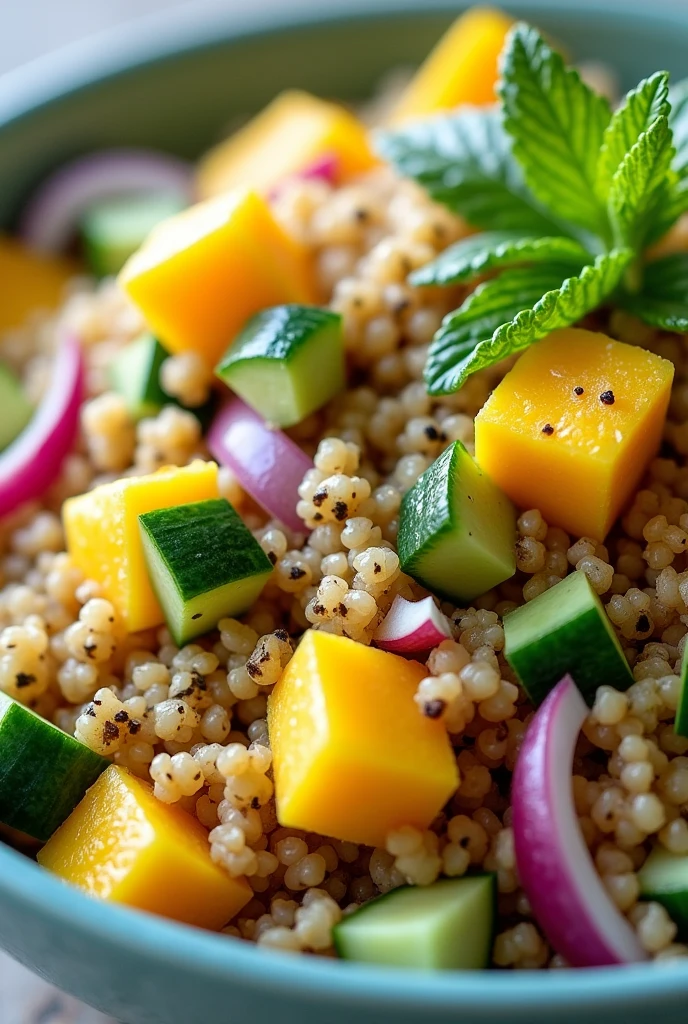 Create an image of this recipe: Quinoa Salad with Mango and Cucumber Ingredients:

- Quinoa: 100 g
- Mango: 100 g - Cucumber: 100 g - Red onion: 50 g - Fresh mint: 10 g - Olive oil: 15 ml - Lemon: 1 unit - Salt: 5 g - Pepper: 2 g Preparation:

1. Cook quinoa in salted water according to package directions. Drain and let cool..

2. Peel and cut the mango into cubes. Corta el cucumbers y la cebolla morada en cubos pequeños. Chop the fresh mint.

3. In a large bowl, Mix the cooked quinoa with the mango, cucumbers, Onion and mint.

4. Squeeze the lemon juice over the salad and add the olive oil., salt and pepper.

5. Mix well and serve at room temperature or cold..

