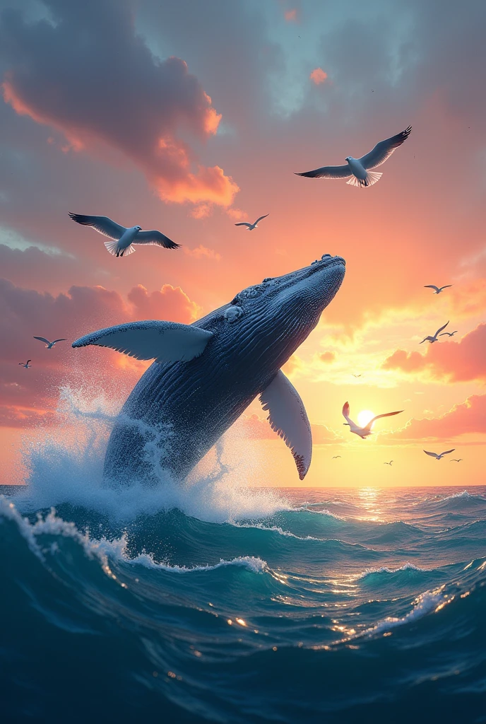 Whale jumping in the sea with seagulls in the sky and the sea is bright and a sunset with few stars in the sky