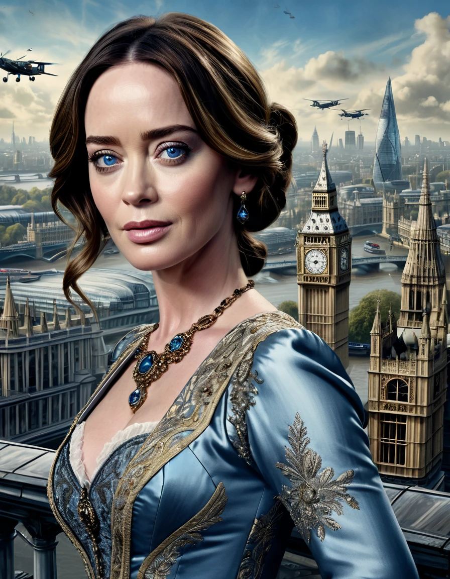 A perfect portrait picture of an enigmatic Emily Blunt with aerial background of London, insanely detailed and intricate, realistic style, Don Lawrence Style