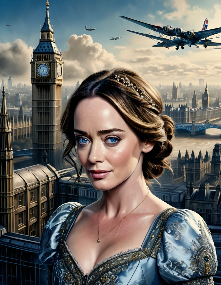 A perfect portrait picture of an enigmatic Emily Blunt with aerial background of London, insanely detailed and intricate, realistic style, Don Lawrence Style