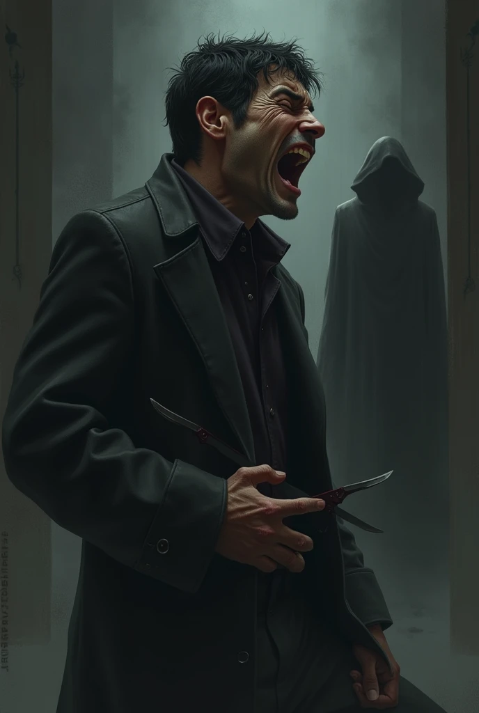 Man with a dagger stuck in his side: Draw a man with a pained expression on his face and a dagger stuck in his side. Make sure the dagger is visible but not too detailed to keep the focus on the emotion of the moment..
Shadow of the woman: In the background or in a corner of the illustration, draw a blurred figure or a shadow that suggests the presence of the woman who caused the wound, without showing it completely. This adds an element of mystery and reflects the fact that the man never reveals his identity..
gloomy atmosphere: Use dark and shadowy tones for the environment to highlight the gravity of the situation. You can include elements like a night scene or a melancholic atmosphere to emphasize pain and mystery..