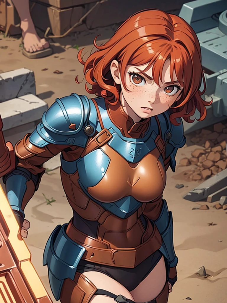 (masterpiece), (best quality), (1girl), (adult), (copper red hair), (curly hair), (short hair),  body figure, (small breasts) , (brown eyes), freckles, (blue armor), (badass armor), 