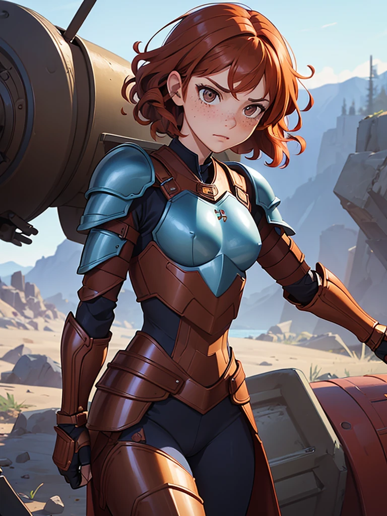 (masterpiece), (best quality), (1girl), (), (copper red hair), (curly hair), (short hair), body figure, (small breasts) , (brown eyes), freckles, (blue armor), (badass armor),