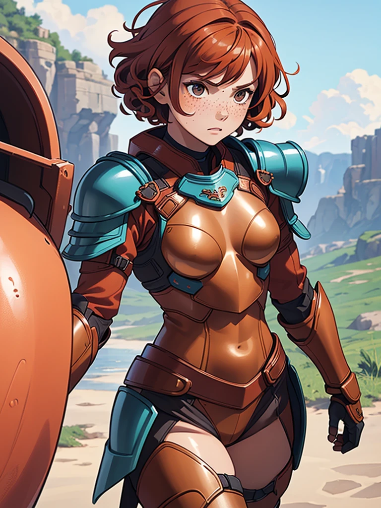 (masterpiece), (best quality), (1girl), (adult), (copper red hair), (curly hair), (short hair),  body figure, (small breasts) , (brown eyes), freckles, (blue armor), (badass armor), 