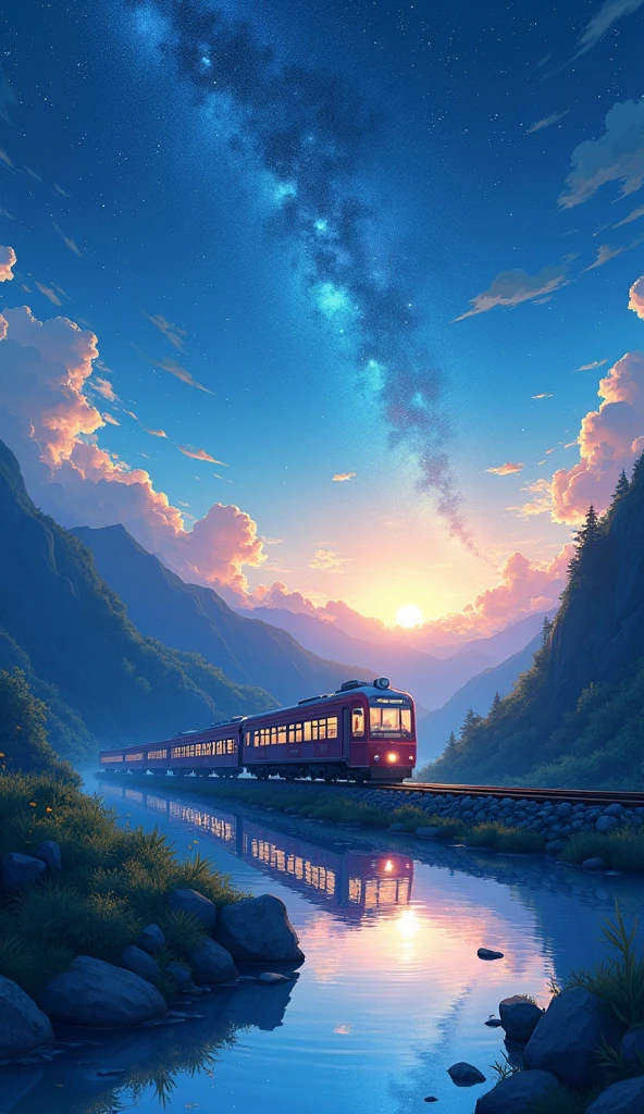 work of art, anime train passing through bodies of water on tracks, bright starry sky. romantic train, Photo by Makoto Shinkai, pixiv, conceptual artwork, Lofi Style style, reflection. por Makoto Shinkai, Lofi Style, cute anime dinner, anime landscape, detailed scenery - width 672, in style of makoto shinkai, style of makoto shinkai, enhanced details.