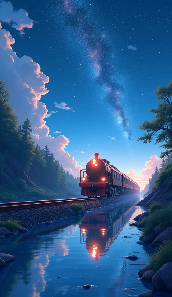 work of art, anime train passing through bodies of water on tracks, bright starry sky. romantic train, Photo by Makoto Shinkai, pixiv, conceptual artwork, Lofi Style style, reflection. por Makoto Shinkai, Lofi Style, cute anime dinner, anime landscape, detailed scenery - width 672, in style of makoto shinkai, style of makoto shinkai, enhanced details.