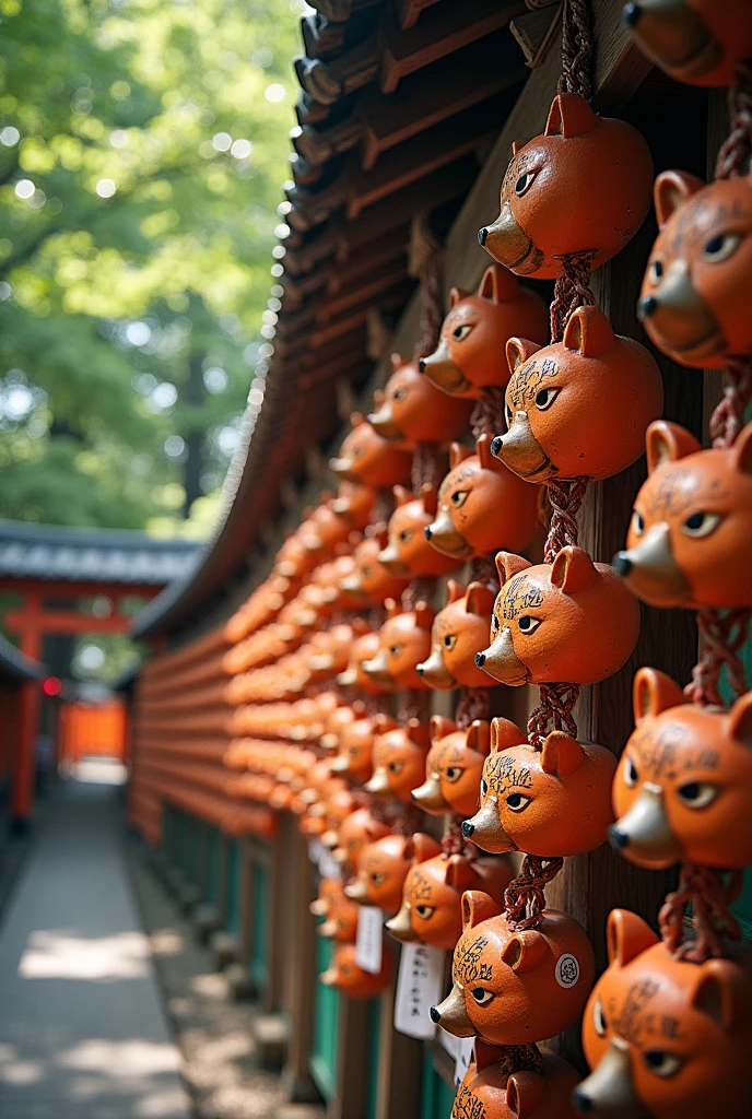At Fushimi Inari Taisha Shrine in Kyoto、A realistic depiction of the place where votive plaques are displayed。Visitors can find wooden votive plaques in the shape of a fox's face, on which they write their wishes and prayers.、They are hung in a row from a wooden structure.。The votive plaque has a々There are pictures and letters、Symbolizes the messenger of the Inari god。Surrounding trees々creates shade、The soft sunlight shines through the leaves、The sunlight filtering through the trees casts a shadow on the ground.。The votive plaques swaying in the wind quietly echo、It is a place filled with hope and reverence.。