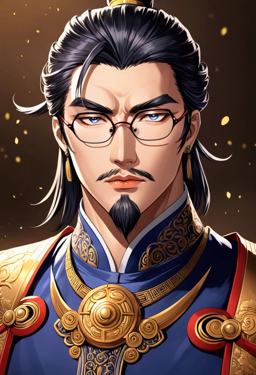 man made in anime and mangwa style , with clear piercing eyes, wavy and short hair, with intellectual glasses, clothes and elegant,Cao Cao ,natural muscles, asymmetrical and well-designed eyebrows,full and colored lips, the skin is not too light and not too dark