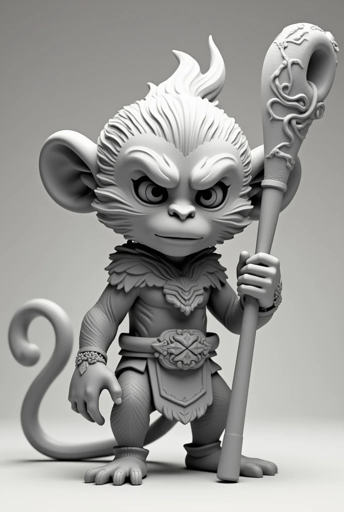 Small version of sun wukong the monkey, that’s very serious and is holding his legendary blow staff ruyi jingu bang