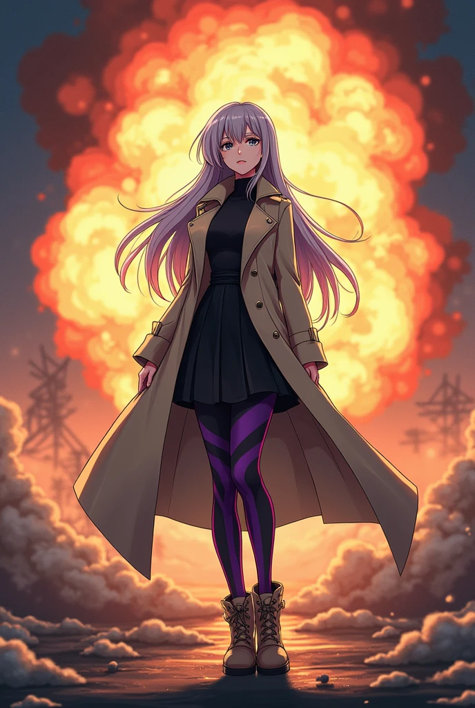(Anime style) Woman with gray eyes, long silver hair wearing a long beige trench coat and a black skirt and long purple and black stockings that reach her thighs and beige boots, holding a camera in her left hand and an explosion in the background,perfect