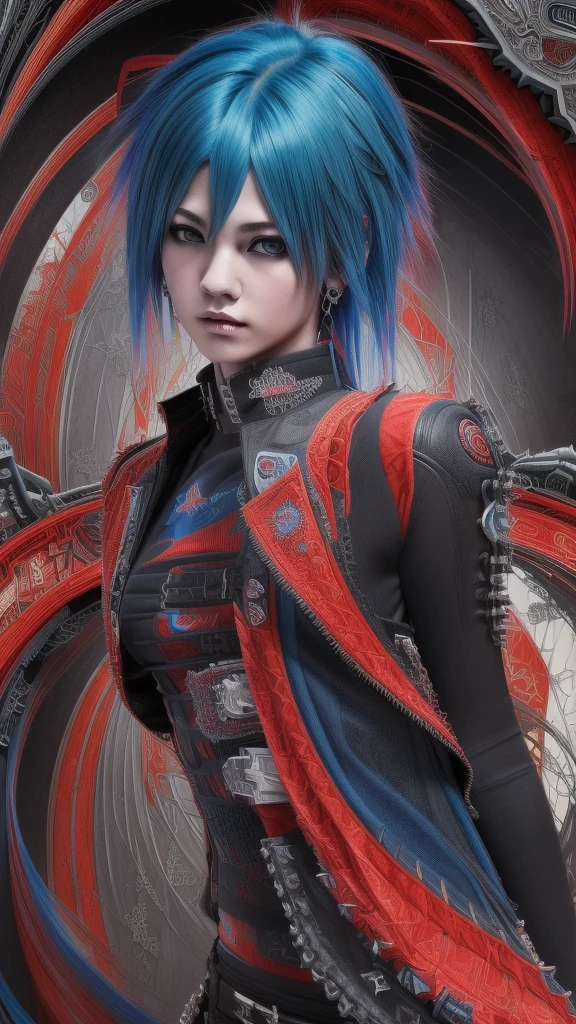 (Masterpiece, Top Quality, Best Quality, Official Art, Punk Beauty and Aesthetics: 1.2), (1 Punk Girl)blue hair, Extreme Detail, (Fractal Art: 1.5), Colorful, Supreme Detail, Perfect Face, Upper Body, HDR, cult, (punk attire red Lines: 1.2), complex background, Light Stripes, Surrealism --niji 50 --chaos 20 --testp