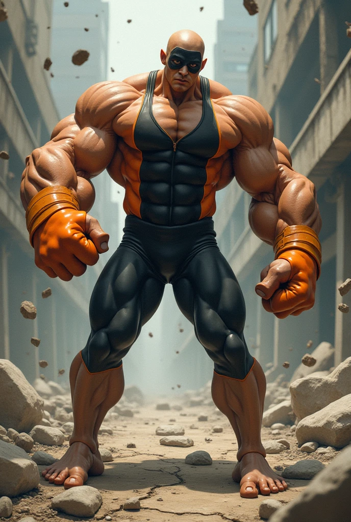 Malaysia man. Man small thin bicep. popeye big forearm Wear domino black mask reverse. Wear black Oren jumpsuit singlet. Giant big forearm. Big fire arm. . One hand Punch the road cracking. Floating small rock.human Landing pose.