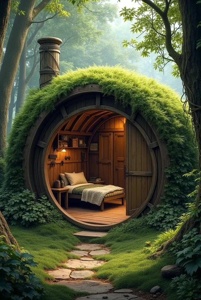 Create a realistic forest hideout image, camouflaging by plants, Grass and lianas. It must be round, Hobbit style, a roof covered with grass and leaves, It should have a simple bed with twigs and a fluffy blanket., a wooden table with chairs , a small closet, hooks and nets on the wall and a small fireplace inside