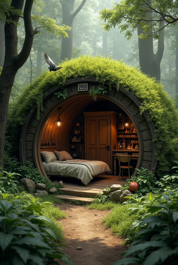 Create a realistic forest hideout image, camouflaging by plants, Grass and lianas. It must be round, Hobbit style, a roof covered with grass and leaves, It should have a simple bed with twigs and a fluffy blanket., a wooden table with chairs , a small closet, hooks and nets on the wall and a small fireplace inside