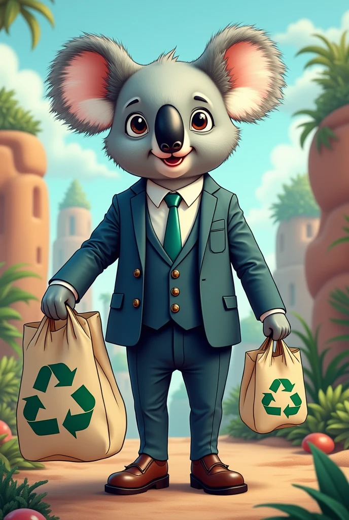 A smartly dressed koala with a recycled cloth bag with the recycling logo, unrealistic cartoon