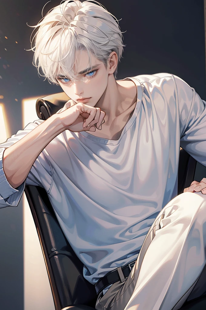 (masterpiece, High resolution, Ultra-detailed:1.0), (1male, male face), Perfect male body, adult male, Delicate eyes and delicate face, Extremely detailed CG, complicated details, detailed face, (by white, blue eyes, messy hair, calm face, White T-shirt, black leather jacket), simple background, color difference, depth of field, dramatic shadow, ray tracing, Best Quality, cinematic lighting, official art, full body portrait.