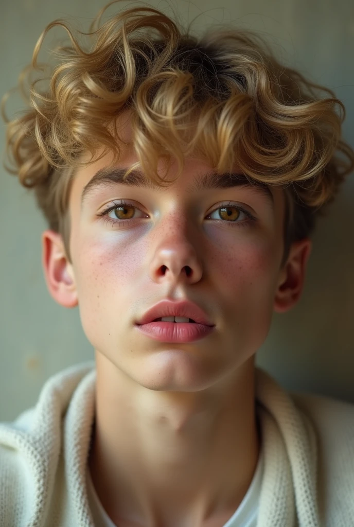 A boy at the age of 19, blonde curls, pink lips and brown eyes.