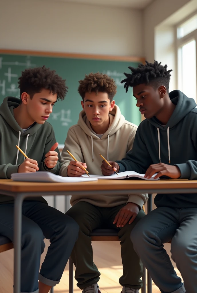 Make 3 teenage boys in school studying for a math test Make these teenagers in sweatshirts and Kayne West Yeez Slides, and make one of those teenagers in a hoodie and one with dark skin 