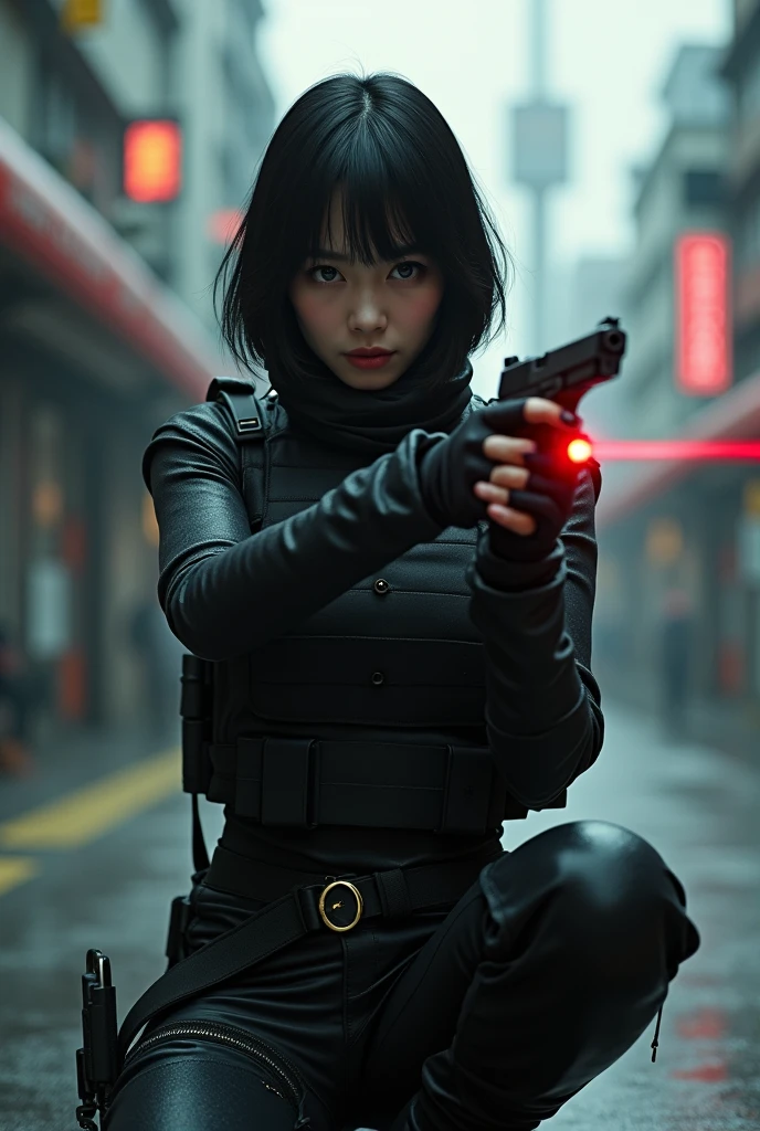 (masterpiece,Distinguished Quality,Mirror-like,Cinematic Experience,insanely detailed,absurdres),8k,wallpaper,,(Best illustrations:2.0),(One Woman:2.0),(Motoko Kusanagi:2.0),(Ghost in the Shell-style worldview:2.0),(Black tactical bodysuit:2.0),(Heavy black bulletproof vest:2.0),(Black gloves:2.0),(Short Bob:2.0),(Beautiful Eyes),(Detailed face),(Detailed female hand drawing:2.0),(sexy:2.0),(He kneels down and aims a pistol at me.:2.0),(Raise your right knee:2.0),(The background is Tokyo, where science and technology have developed.:2.0),(Drawing in monochrome:2.0),(sf:2.0),(A pistol with a laser pointer under the muzzle:2.0),(Point the red laser pointer on your pistol at me:2.0) 