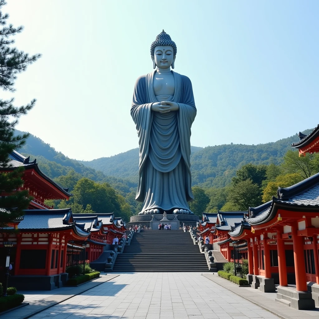 buddhist temple, town, a huge Buddha Statue is standing and looking down in Kamakura, japan,