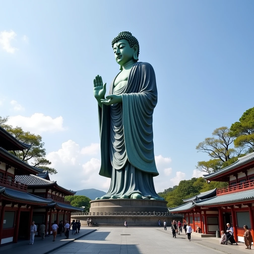 buddhist temple, town, a huge Buddha Statue is standing and looking down in Kamakura, japan, 