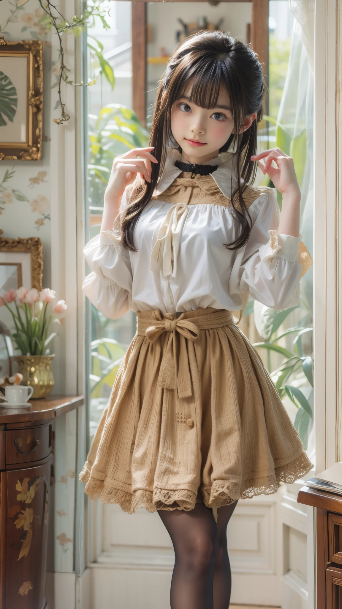 masterpiece , Highest quality , Very detailed , 1 person, ((Contrasting Eyes)) , Are standing , blouse, skirt , bangs , room , indoor