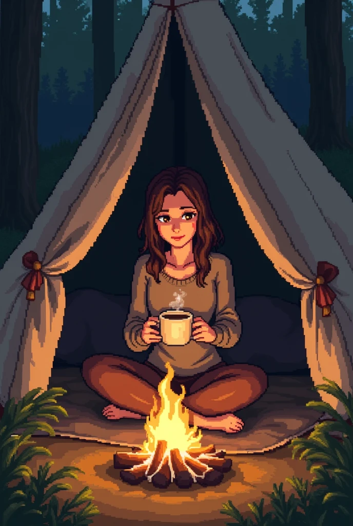 A 30-year-old woman drinking coffee by a campfire in a tent at a campsite、Expressed with strong pixel art、Romancing Saga's art style、Octopath Traveler 2 artwork