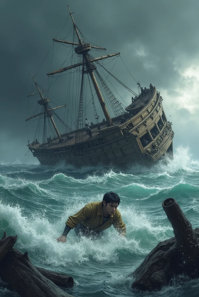 Edo Period　Korean trading ship　Damaged and sinking. Capsized in rough seas.　Koreans thrown out　Koreans, tired from swimming, cling to broken pieces of wood