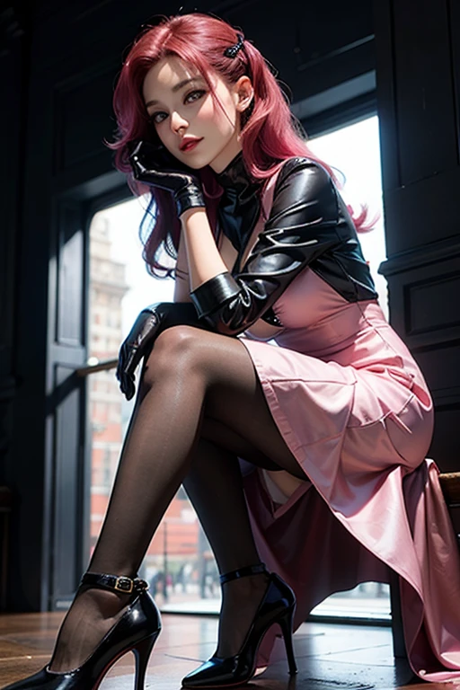 a french girl with long magenta hair, wearing a short magenta dress, black pantyhose, black heels and long black gloves