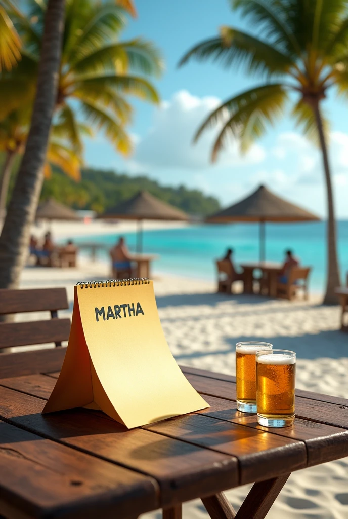 Puerto Cabello boardwalk, Venezuela a table with beer and a LARGE POSTER-TYPE NOTE THAT SAYS FOR MARTHA
