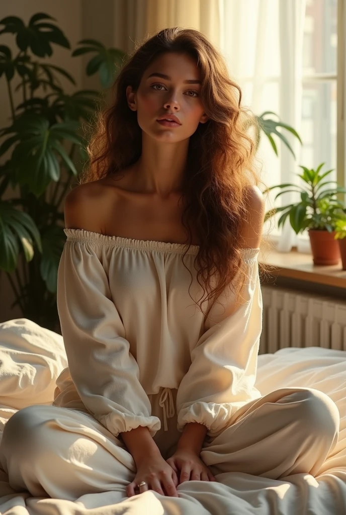 (photorealism:1.2), beautiful woman, sitting on bed, wearing loose off-shoulder top, pajama pants, long curly hair, indoors, soft lighting, plants in background, window with sunlight, cozy room, relaxed pose, realistic, intricate details, warm colors, by Greg Rutkowski, by Alphonse Mucha