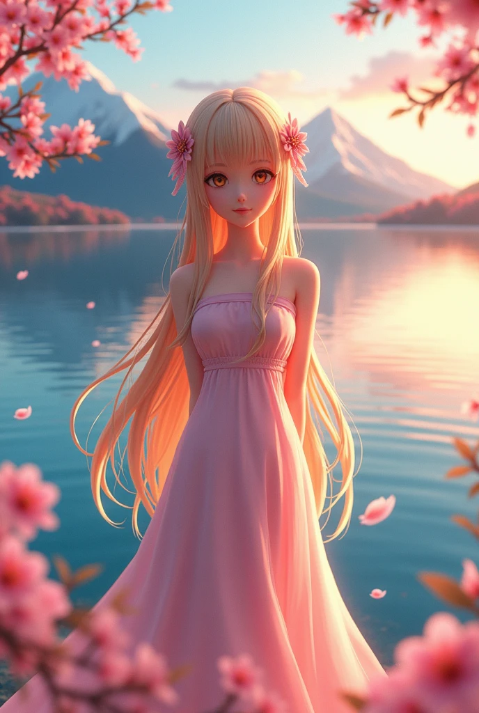 Golden Ratio Aerial Perspective Fish-Eye Perspective Full-Body Shot Asuna, masterpiece, Highest quality, detailed, (One person), alone, detailed golden eyes, Long Hair, Are standing, Close to the audience, (detailed kimono), A light smile, Medium chest, (Put your arms behind your back), water, sunset, (hair ornaments), (Cherry blossoms bloom), Lake with snowy mountains in the background,Cute young delicate 3D PVC model, View your viewers, Soft and smooth lighting, Soft pastel colors, 3D icon clay rendering, 120mm lens, 3D Blender Rendering, Trend with poly count, モジュラーCute young delicate 3D PVC model, View your viewers, Soft and smooth lighting, Soft pastel colors, 3D icon clay rendering, 120mm lens, 3D Blender Rendering, Trend with poly count, Modular constructivism 5D vector: 【a: 0.3, c: 0.7, It is: 0.8, I: 0.6, M: 0.9】trick-art Multi-layer structure abstract