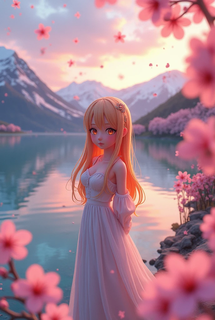 Golden Ratio Aerial Perspective Fish-Eye Perspective Full-Body Shot Asuna, masterpiece, Highest quality, detailed, (One person), alone, detailed golden eyes, Long Hair, Are standing, Close to the audience, (detailed kimono), A light smile, Medium chest, (Put your arms behind your back), water, sunset, (hair ornaments), (Cherry blossoms bloom), Lake with snowy mountains in the background,Cute young delicate 3D PVC model, View your viewers, Soft and smooth lighting, Soft pastel colors, 3D icon clay rendering, 120mm lens, 3D Blender Rendering, Trend with poly count, モジュラーCute young delicate 3D PVC model, View your viewers, Soft and smooth lighting, Soft pastel colors, 3D icon clay rendering, 120mm lens, 3D Blender Rendering, Trend with poly count, Modular constructivism 5D vector: 【a: 0.3, c: 0.7, It is: 0.8, I: 0.6, M: 0.9】trick-art Multi-layer structure abstract