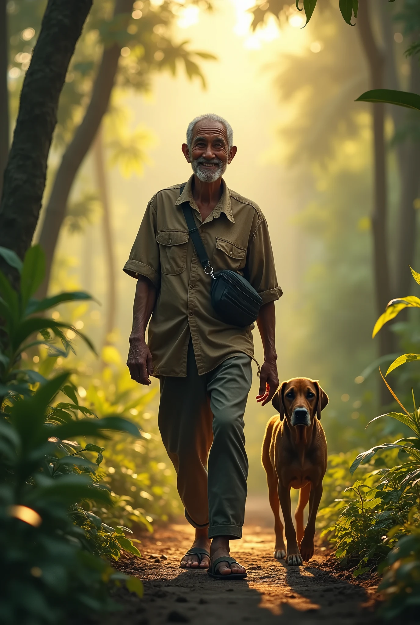 Photorealism 1.2 old Malay male smile wearing tear shirt trousers sling bag walk with brown dog at jungle background morning mode sunlight silhouette
