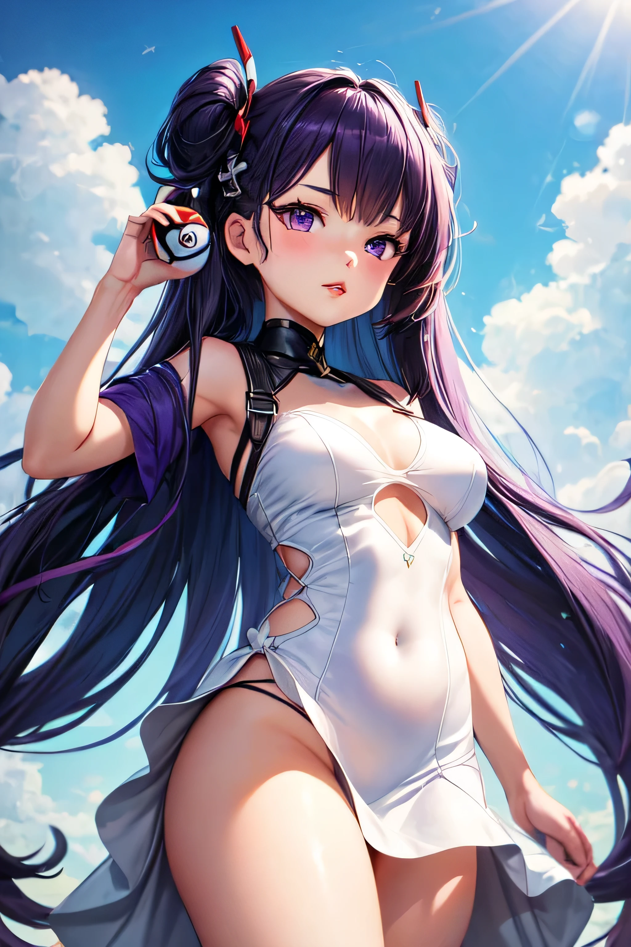 ((best quality)), ((masterpiece)), (detailed), little kid girl, , azur lane, blue hair, , medium breast, purple eyes, pokeball, perfect lips, thick lips, pokemon town, absurdly long hair, dark purple hair, white dress, cutout panty, 