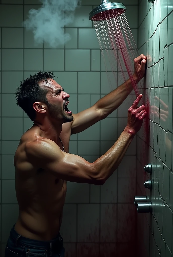 Make an image where there is a man punching the bathroom wall under the shower where the water is wine. The bathroom has dim lighting.