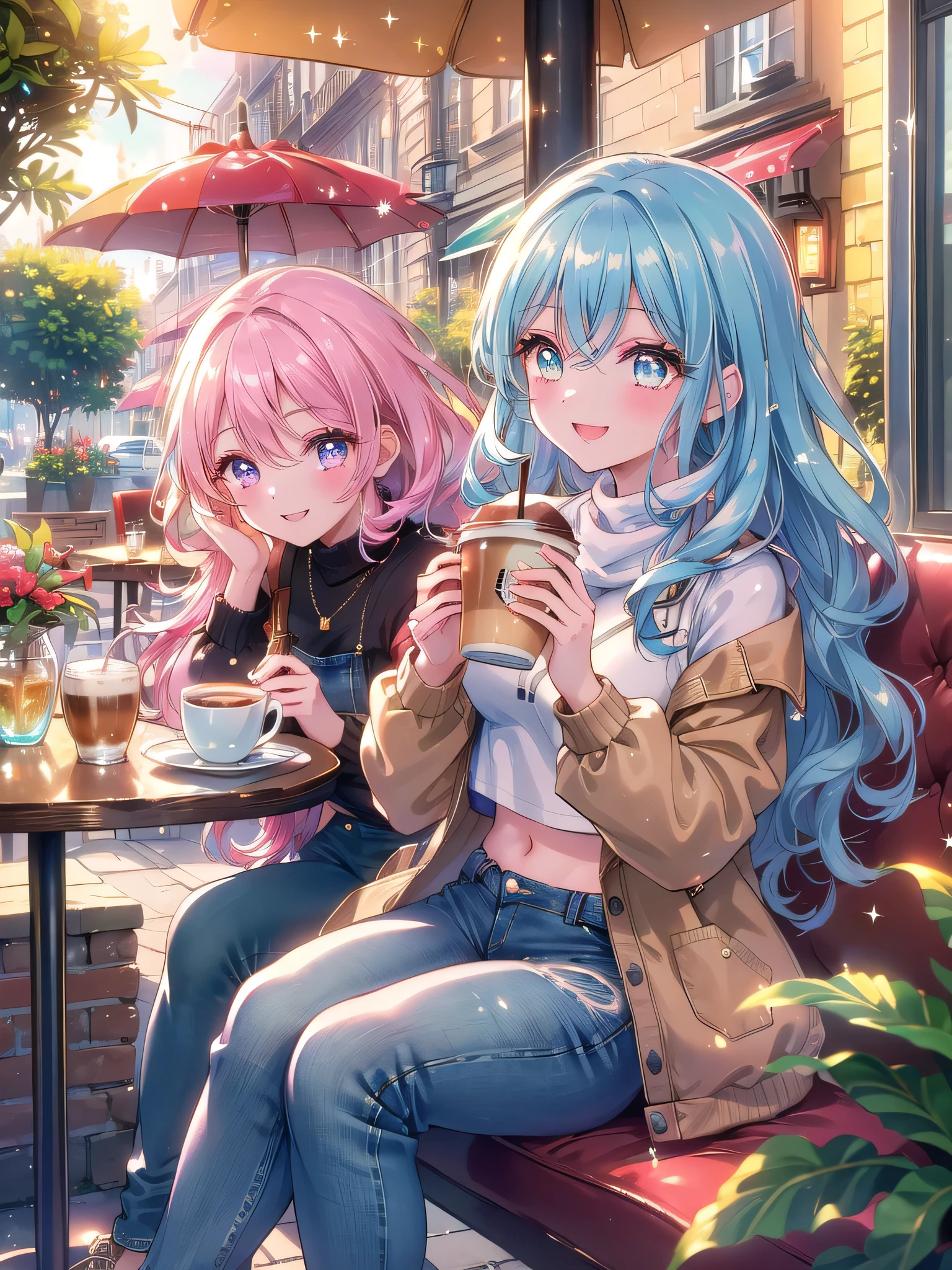 ((8k, Highest quality, masterpiece: 1.3)),Ultra-high resolution,(1 girl, alone), (Color changing eyes, Ultra-detailed, Expressive brilliance, Glitter, Glowing Eyes), Highly detailed eyes, Highly detailed face, Random Hair, ((pastel colour)Catching Up with Friends at a Café
The woman is sitting at an outdoor café, laughing with a group of friends over coffee. She’s dressed in a stylish crop top paired with high-waisted jeans and a light jacket, her hair falling in loose waves around her shoulders. The café is busy, with the sounds of chatter and clinking cups filling the air. She turns towards the camera with a bright, joyful smile, her eyes crinkling at the corners with genuine happiness. The sun is shining, casting a warm, golden light over the scene, with potted plants and colorful umbrellas adding to the cozy atmosphere. A cup of coffee sits in front of her, along with a small plate of pastries that she playfully offers to the camera, sharing the moment with her boyfriend.