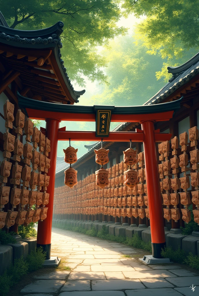 At Fushimi Inari Taisha Shrine in Kyoto、A realistic depiction of the place where votive plaques are displayed。Visitors can find wooden votive plaques in the shape of a fox's face, on which they write their wishes and prayers.、They are hung in a row from a wooden structure.。The votive plaque has a々There are pictures and letters、Symbolizes the messenger of the Inari god。Surrounding trees々creates shade、The soft sunlight shines through the leaves、The sunlight filtering through the trees casts a shadow on the ground.。The votive plaques swaying in the wind quietly echo、It is a place filled with hope and reverence.。