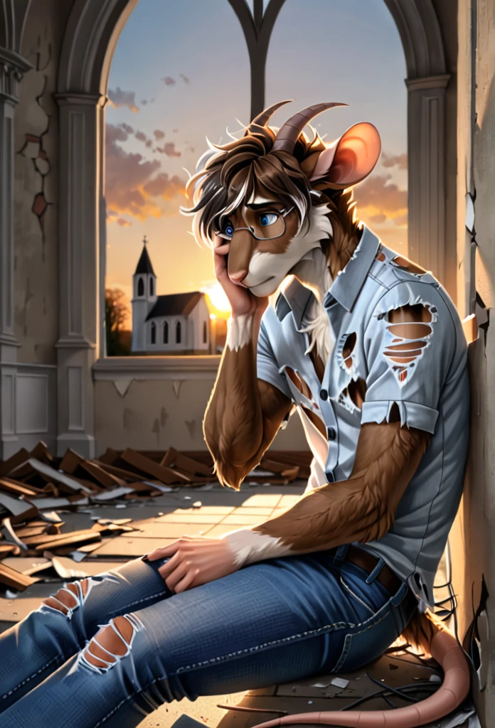 solo, Full body, male, goat-rat hybrid, ((goat horns)), mouse ears, ((light brown colored fur with white highlights)), brown hair, blue eyes, mouse tail, adult, handsome, mature, slim build, black wire glasses, (realistic fur body, realistic hair, realistic eyes, jeans, torn button shirt, sitting on the ground leaning against the interior wall of an damaged church, (one hand on head), looking at other hand, distraught, sunrise, moody