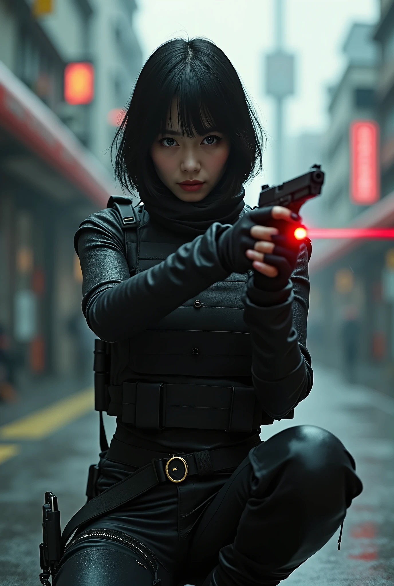 (masterpiece,Distinguished Quality,Mirror-like,Cinematic Experience,insanely detailed,absurdres),8k,wallpaper,,(Best illustrations:2.0),(One Woman:2.0),(Motoko Kusanagi:2.0),(Ghost in the Shell-style worldview:2.0),(Black tactical bodysuit:2.0),(Heavy black bulletproof vest:2.0),(Black gloves:2.0),(Short Bob:2.0),(Beautiful Eyes),(Detailed face),(Detailed female hand drawing:2.0),(sexy:2.0),(He kneels down and aims a pistol at me.:2.0),(Raise your right knee:2.0),(The background is Tokyo, where science and technology have developed.:2.0),(Drawing in monochrome:2.0),(sf:2.0),(A pistol with a laser pointer under the muzzle:2.0),(Point the red laser pointer on your pistol at me:2.0) 
