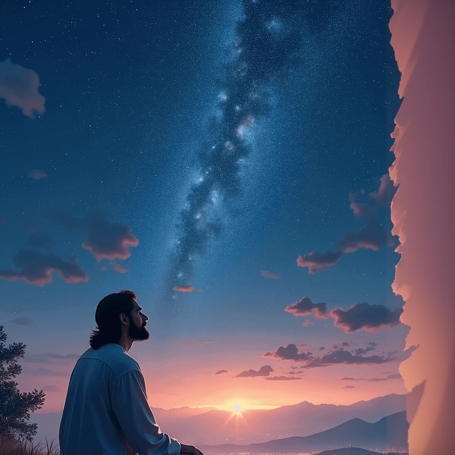 image of Jesus sitting on a hill looking at the sky, sitting in the cosmic cloudscape, sua mente contemplando a eternidade, contemplating existence, holy man looking at the ground, looking out into the cosmos, calm evening. digital illustration, Starry sky 8k, staring at the stars, observing the stars, inspirado em Cirilo Rolando