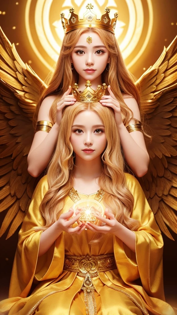 Goddess gold crown Fantastic Background、Golden Hair、Golden Background、Hands clasped together in front of each other、Angel、heaven